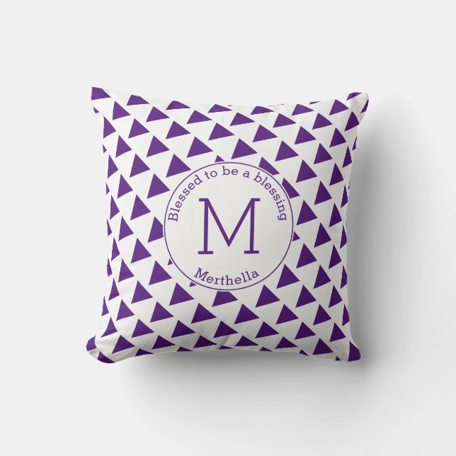 Modern Triangle Geometric Purple White Monogram Throw Pillow (Front)