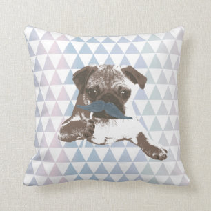 Modern Triangle Pattern Blue Moustache Pug Throw Pillow