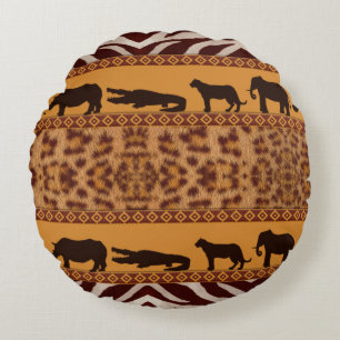 Modern Tribal African Jaguar Pattern Animal Print Round Pillow