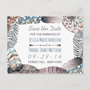 Modern Tribal Feathers Bohemian Save The Date Announcement Postcard