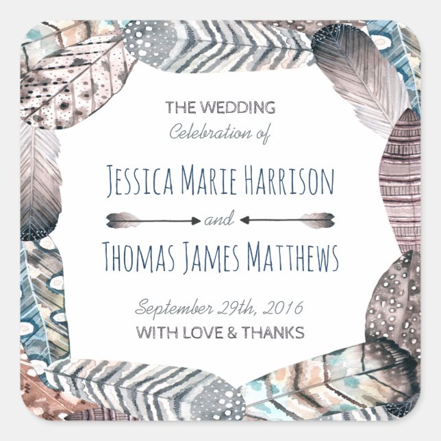 Modern Tribal Feathers Bohemian Wedding Favour Square Sticker (Front)