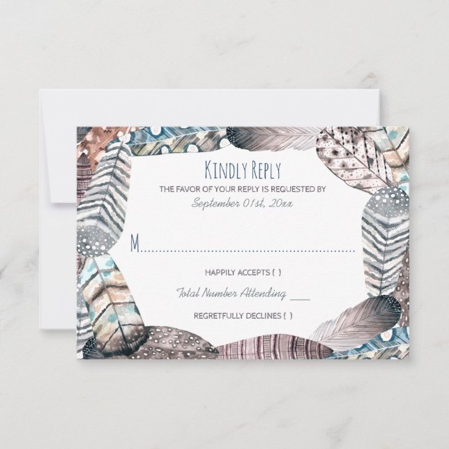 Modern Tribal Feathers Bohemian Wedding RSVP Card (Front)