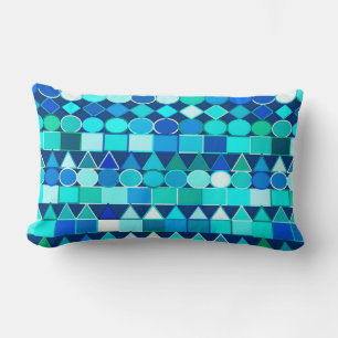 Modern Tribal Geometric, Denim Blues on Navy Lumbar Pillow