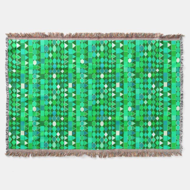 Modern Tribal Geometric, Emerald Green and Aqua Throw Blanket (Front)
