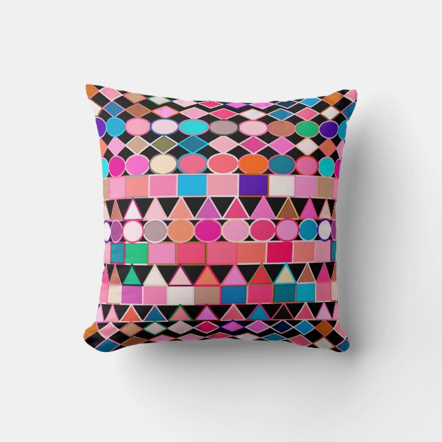Modern Tribal Geometric, Jewel Colours on Black Throw Pillow (Front)