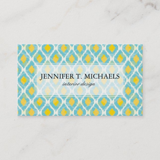 Modern tribal ikat blue yellow fashion business card (Front)