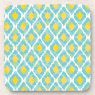Modern tribal ikat blue yellow fashion coaster