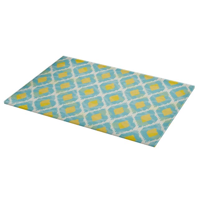 Modern tribal ikat blue yellow fashion cutting board (Corner)