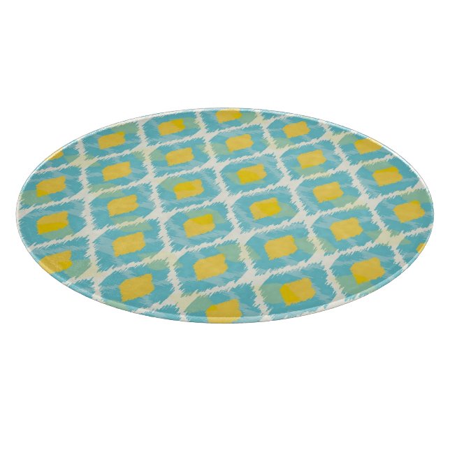 Modern tribal ikat blue yellow fashion cutting board (Corner)