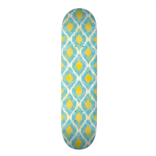 Modern tribal ikat blue yellow fashion skateboard