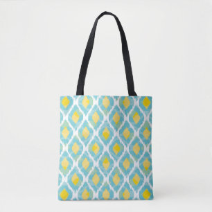 Modern tribal ikat blue yellow fashion tote bag