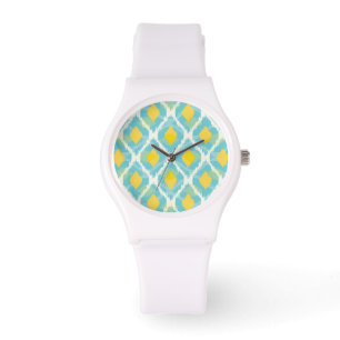 Modern tribal ikat blue yellow fashion watch