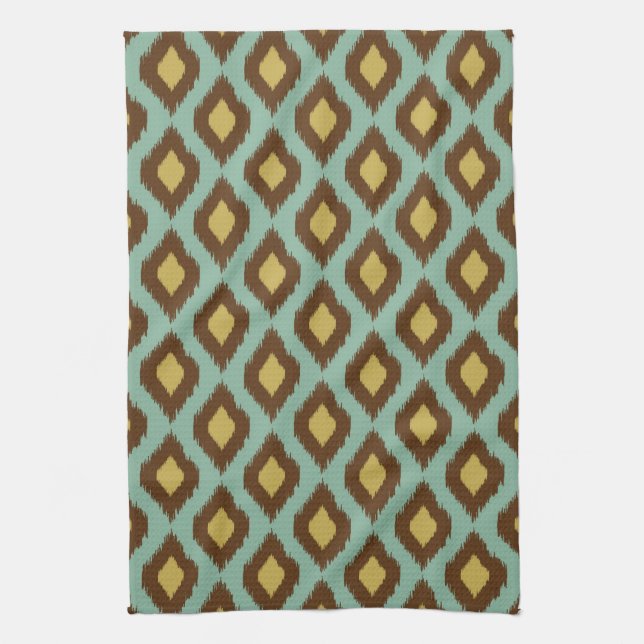 Modern tribal ikat blue yellow modern kitchen towel (Vertical)