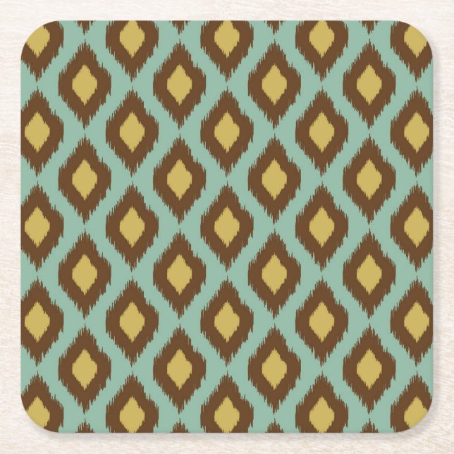 Modern tribal ikat blue yellow modern square paper coaster (Front)