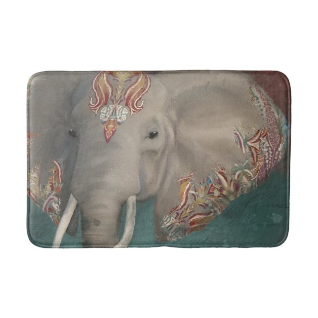 Modern Tribal Kashmir Paisley Elephant w Tusks Art Bath Mat (Front)