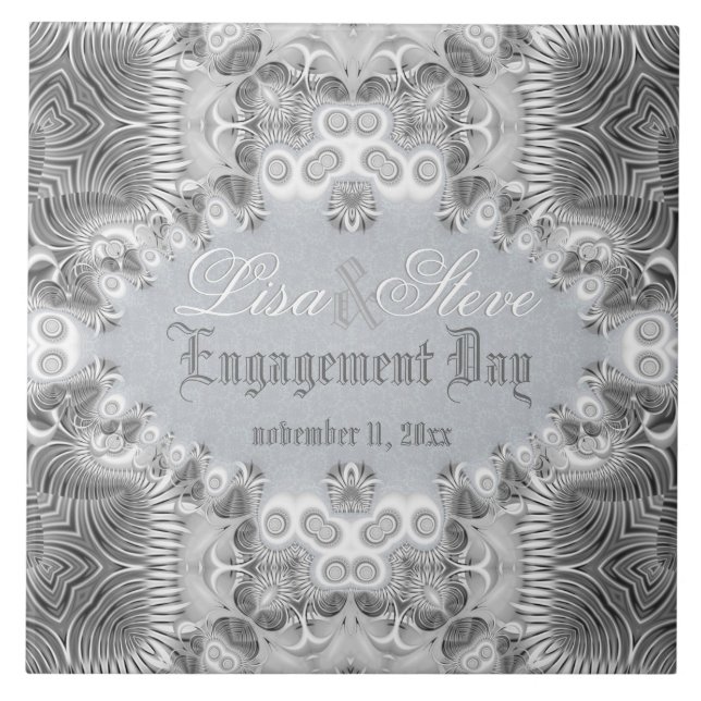 Modern Tribal Silver + White Engagement Souvenir Tile (Front)