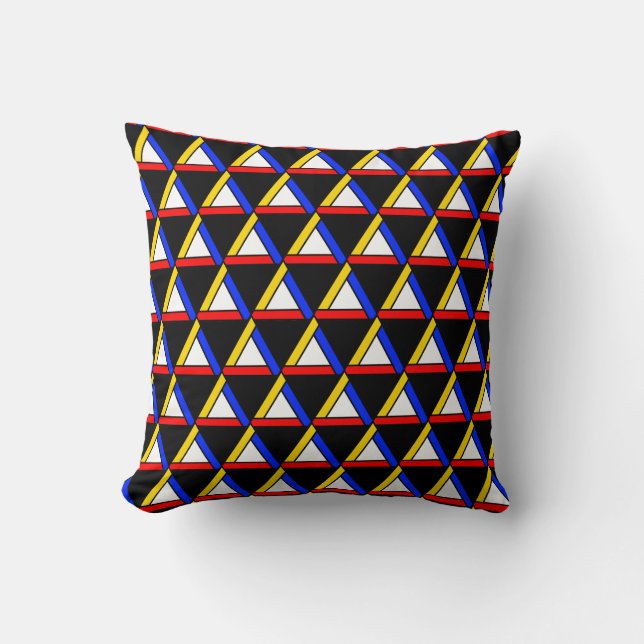 Modern Tricolor Abstract Triangle Pattern on Black Throw Pillow (Front)