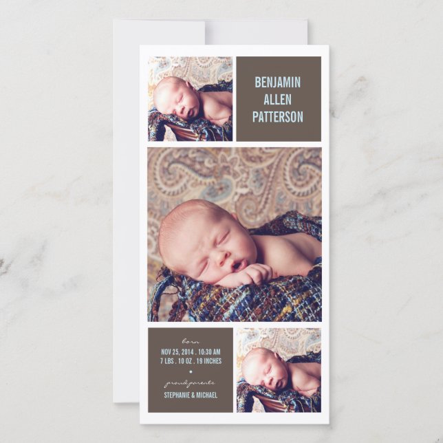 Modern Trio Photo Baby Boy Birth Announcement (Front)