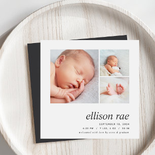 Modern Trio Simple Minimal Photo Birth Announcement