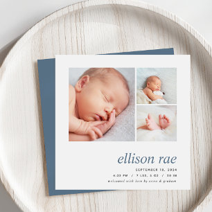 Modern Trio Simple Minimal Photo Birth Announcement