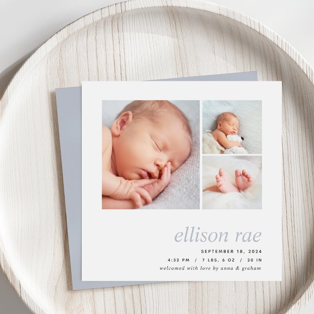 Modern Trio | Simple Minimal Photo Birth Announcement (Creator Uploaded)