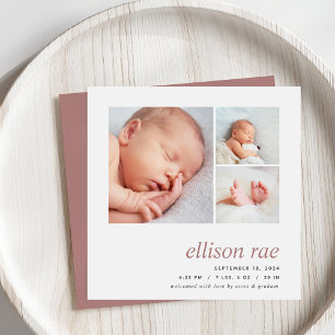 Modern Trio Simple Minimal Photo Birth Announcement