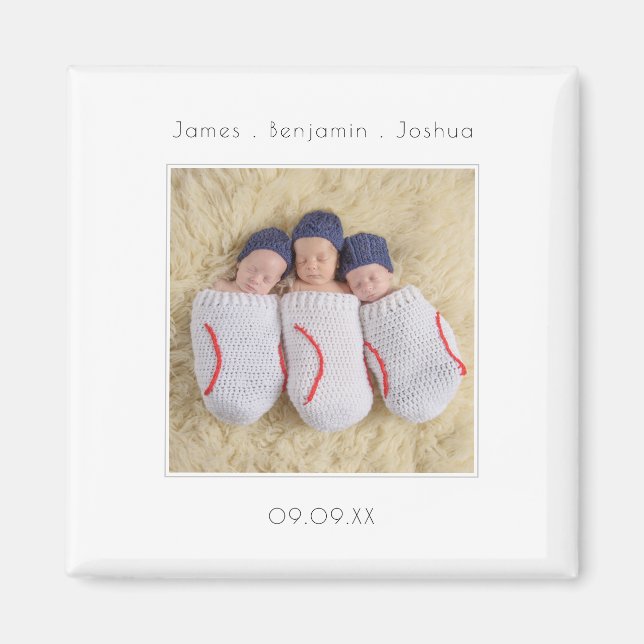 Modern Triplets Photo Keepsake Birth Announcement Magnet (Front)