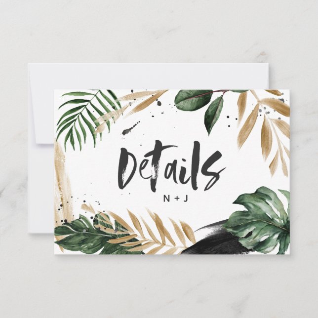 Modern tropical abstract painted wedding details RSVP card (Front)