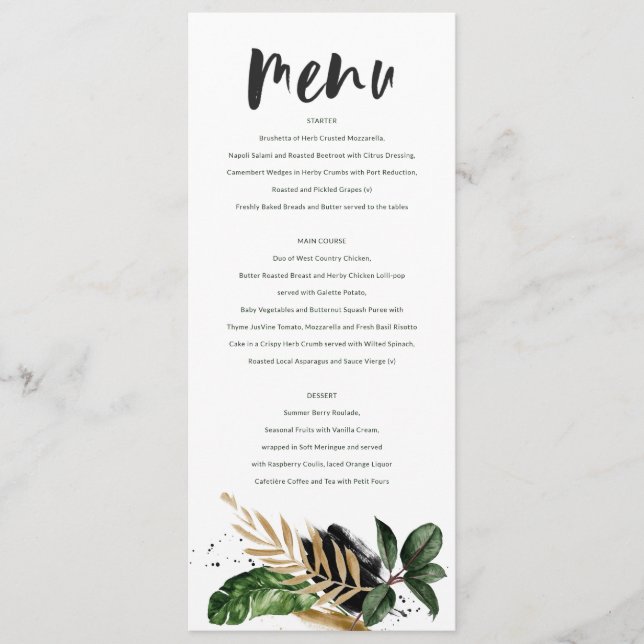 Modern tropical abstract painted wedding menu (Front)