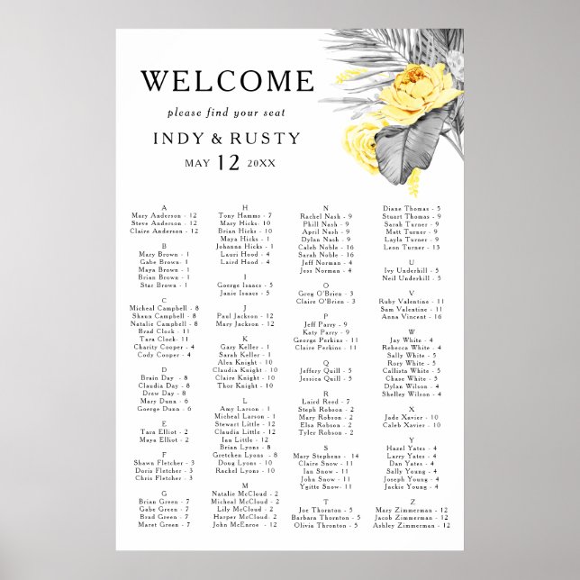 Modern Tropical Alphabetical Seating Chart (Front)