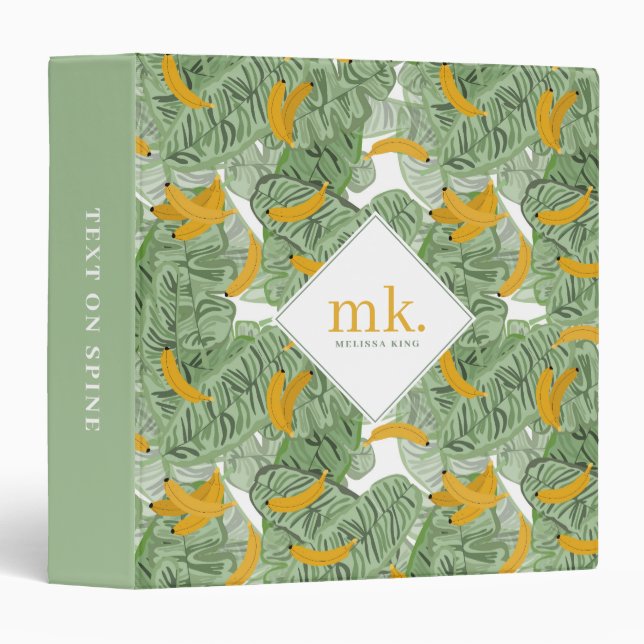 Modern Tropical Banana Greenery Pattern Monogram Binder (Front/Spine)