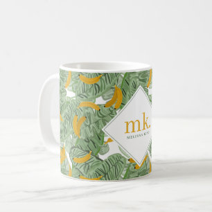 Modern Tropical Banana Greenery Pattern Monogram Coffee Mug