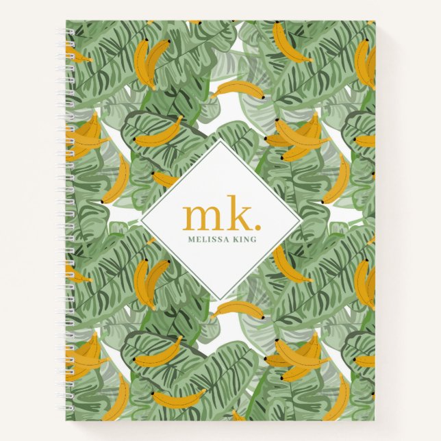 Modern Tropical Banana Greenery Pattern Monogram Notebook (Front)