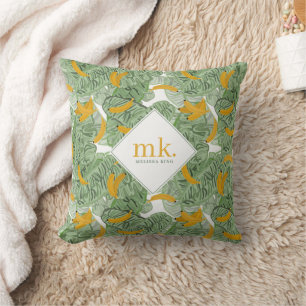 Modern Tropical Banana Greenery Pattern Monogram Throw Pillow