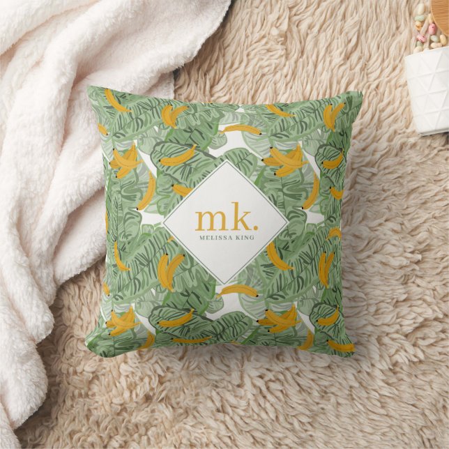 Modern Tropical Banana Greenery Pattern Monogram Throw Pillow (Blanket)