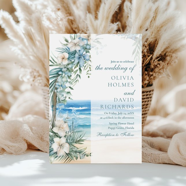 Modern Tropical Beach and Floral Arch Wedding Invitation (Modern Tropical Beach and Floral Arch Wedding Invitation on a sunny table with white pampas grass.)