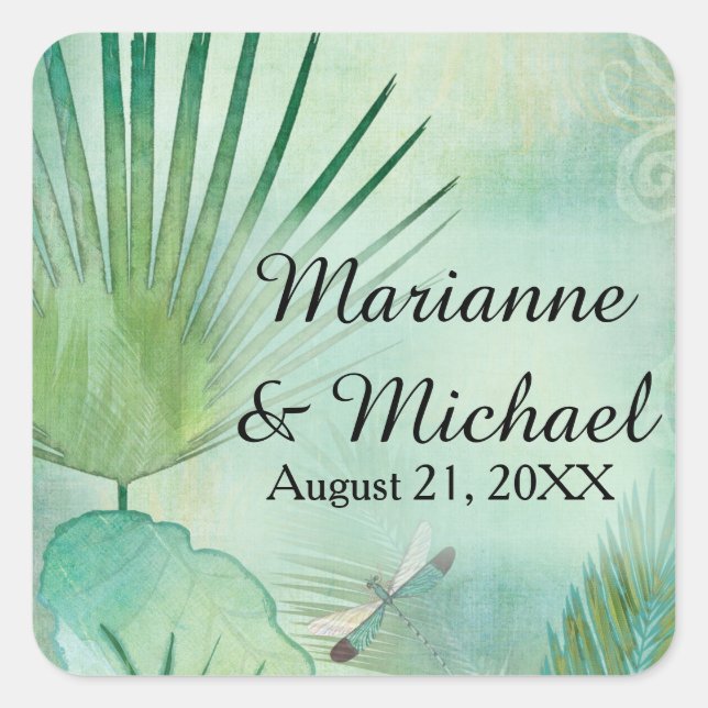 Modern Tropical Beach Jungle Leaf Foliage Coastal Square Sticker (Front)