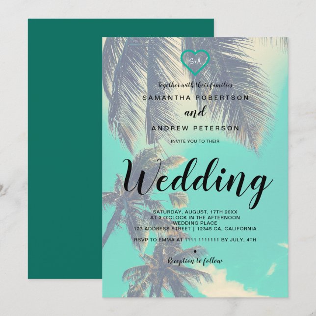 Modern tropical beach palm overlay photo wedding invitation (Front/Back)
