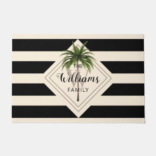 Modern Tropical Beach Palm Tree Script Monogram Doormat