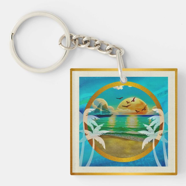 Modern Tropical Beach Palm Trees Sunset Vacation Keychain (Front)
