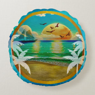 Modern Tropical Beach Palm Trees Sunset Vacation Round Pillow