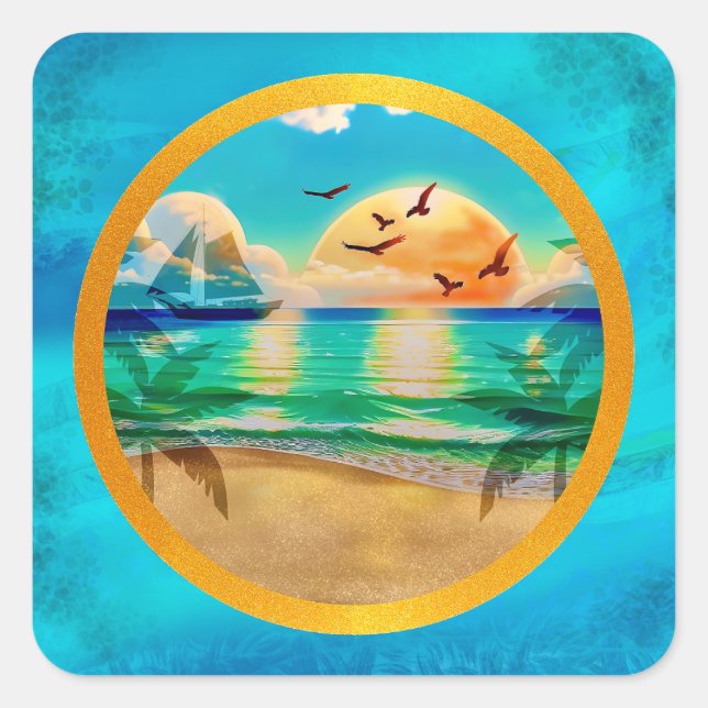 Modern Tropical Beach Palm Trees Sunset Vacation Square Sticker (Front)