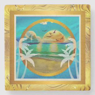 Modern Tropical Beach Palm Trees Sunset Vacation Stone Coaster
