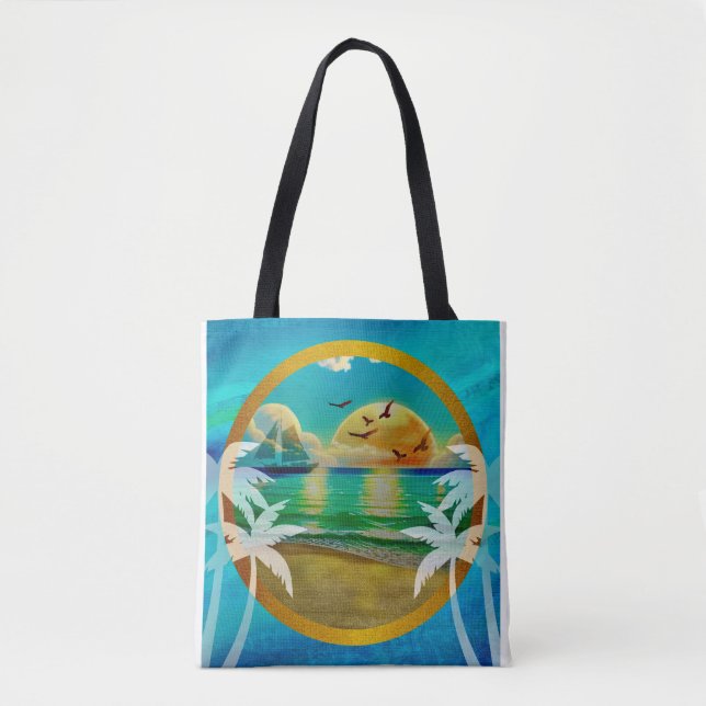 Modern Tropical Beach Palm Trees Sunset Vacation Tote Bag (Front)