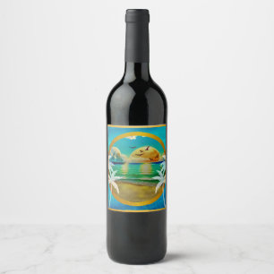 Modern Tropical Beach Palm Trees Sunset Vacation Wine Label