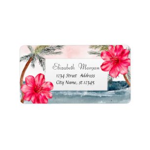 Modern Tropical Beach,Palms ,Hibiscus Label