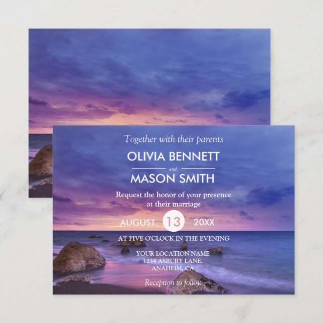Modern Tropical Beach Sand Sunset Sea Wedding Card (Front/Back)