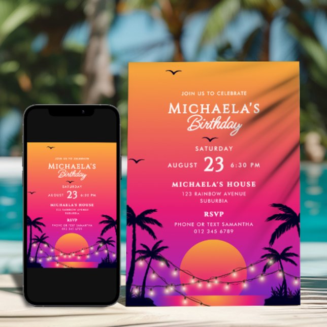 Modern Tropical Beach Sunset Birthday Party Invitation (Creator Uploaded)