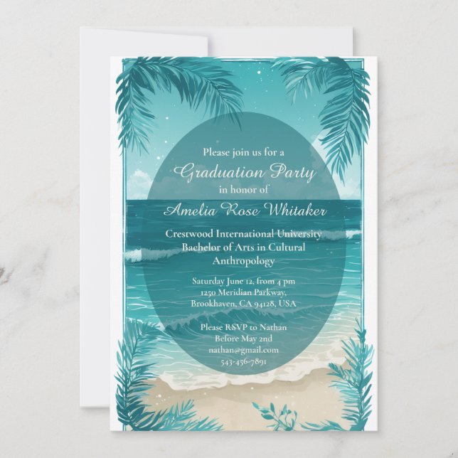 Modern Tropical Beach Turquoise Graduation Party  Invitation (Front)