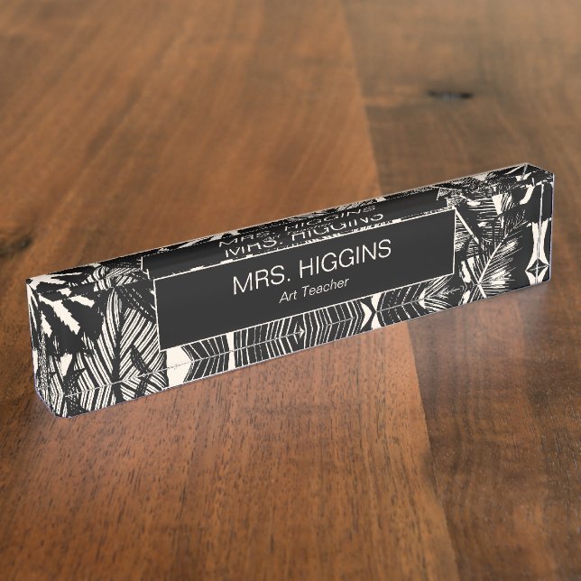 Modern Tropical Black Cream Leaves Custom Teacher Nameplate (Side)